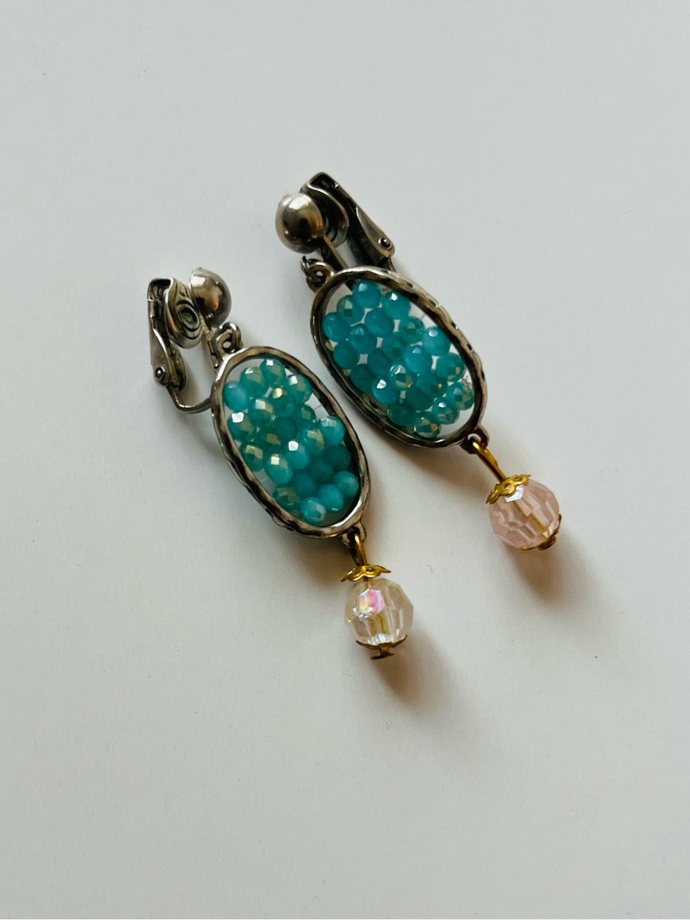 Turquoise Beaded Drop Clip-On Earrings - Unbranded